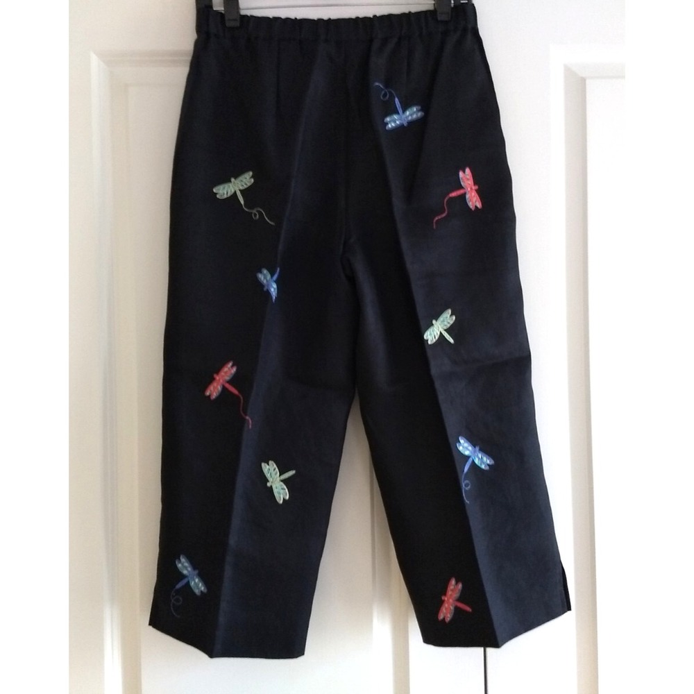 Appleseeds 100% Linen Cropped Pants Black Embroidered Dragonfly Women 6P Novelty